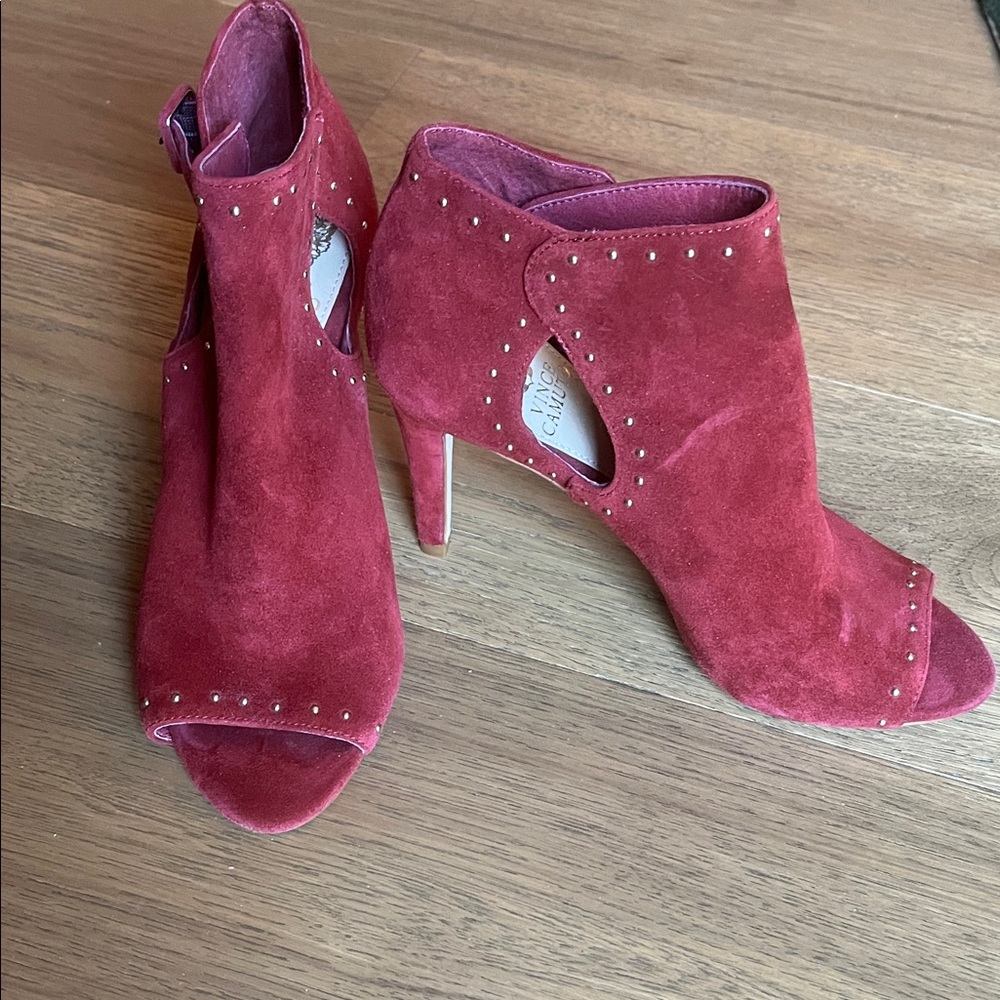 Vince Camuto Red Suede Peep-Toe Studded Ankle Booties